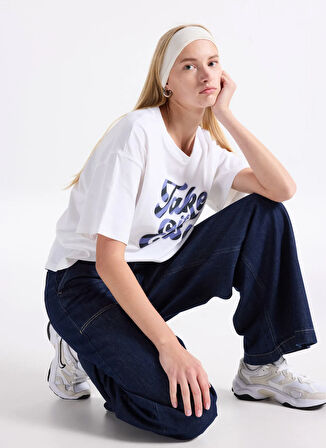 Benetton Bisiklet Yaka Beyaz - Mavi Kadın T-Shirt 3MI5D10AY