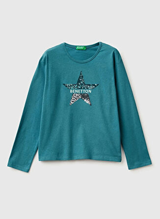 Benetton Payetli Su Yeşili Kız Çocuk T-Shirt 3ATNC10RG