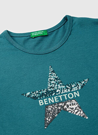 Benetton Payetli Su Yeşili Kız Çocuk T-Shirt 3ATNC10RG
