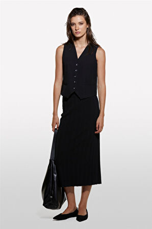 Viskoz Karışımlı Arkası Derin Yırtmaçlı Fitilli Kalem Etek Kadın Siyah Etek - 324A1WTHM000C