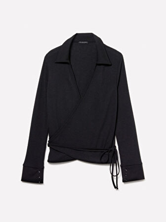 Önü Çapraz Detaylı Uzun Kollu Gömlek Yaka Bluz Kadın Siyah Gömlek - 324A3FTRL400R