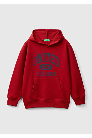 Erkek Çocuk Kırmızı Önü Logo Baskılı Ribanalı Kapüşonlu Sweatshirt