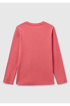 Kız Çocuk Fuşya Simli Benetton Logo Baskılı T-Shirt