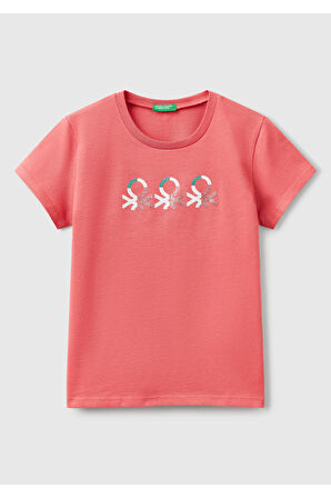 Kız Çocuk Fuşya Simli Logo Baskılı T-Shirt