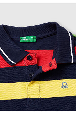 Erkek Çocuk Koyu Renkli Mix Çizgili Logo İşlemeli T-Shirt