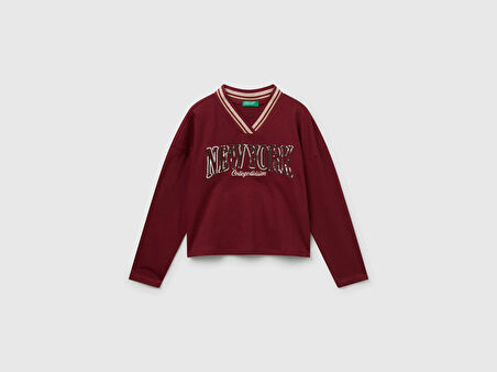 Benetton Kız Çocuk Payet İşlemeli Şeritli V Yaka Boxy Fit Uzun Kollu T-shirt