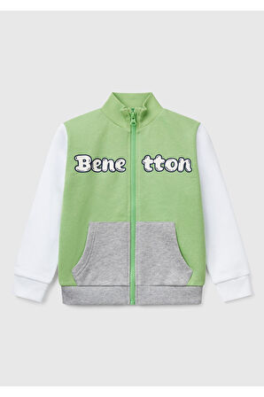 Erkek Çocuk Fıstık Yeşili Benetton Logo İşlemeli Fermuarlı Sweatshirt