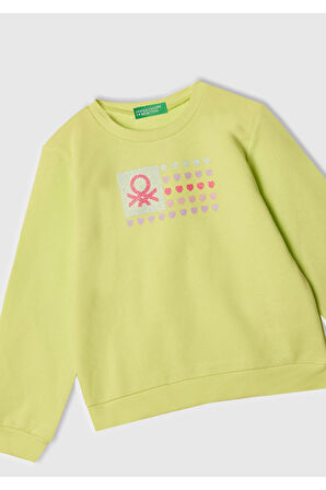 Kız Çocuk Sarı Simli Benetton Logo Baskılı Bisiklet Yaka Sweatshirt