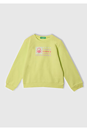 Kız Çocuk Sarı Simli Benetton Logo Baskılı Bisiklet Yaka Sweatshirt
