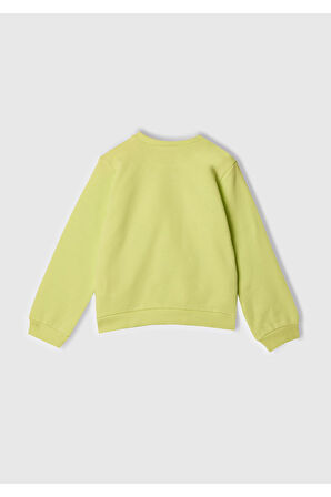 Kız Çocuk Sarı Simli Benetton Logo Baskılı Bisiklet Yaka Sweatshirt