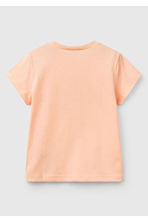 Kız Çocuk Yavruağzı Simli Benetton Logo Baskılı T-Shirt