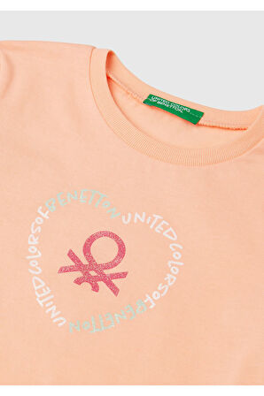 Kız Çocuk Yavruağzı Simli Benetton Logo Baskılı T-Shirt
