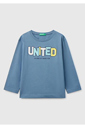 Erkek Çocuk Havacı Mavi Benetton Logo Baskılı Uzun Kollu T-Shirt