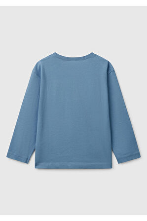 Erkek Çocuk Havacı Mavi Benetton Logo Baskılı Uzun Kollu T-Shirt