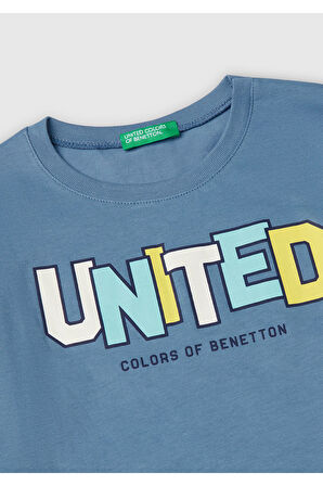 Erkek Çocuk Havacı Mavi Benetton Logo Baskılı Uzun Kollu T-Shirt