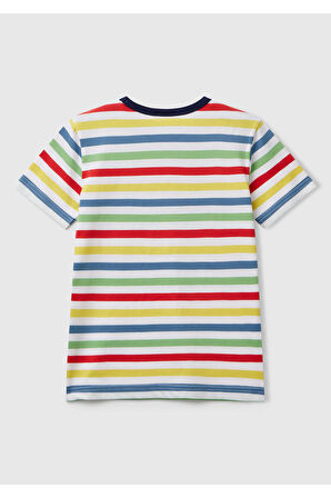 Erkek Çocuk Renkli Mix Çizgili Önü Logo İşlemeli T-Shirt
