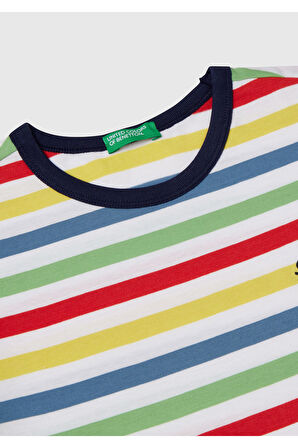 Erkek Çocuk Renkli Mix Çizgili Önü Logo İşlemeli T-Shirt