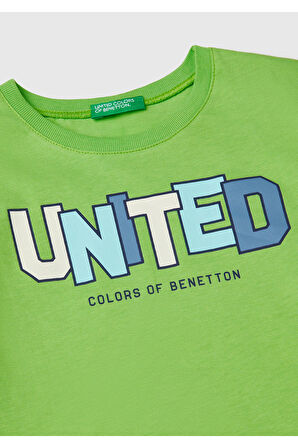 Erkek Çocuk Fıstık Yeşili Benetton Logo Baskılı Uzun Kollu T-Shirt