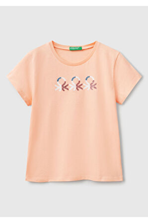 Kız Çocuk Yavruağzı Simli Logo Baskılı T-Shirt