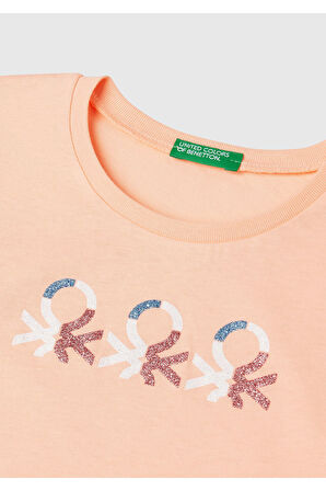 Kız Çocuk Yavruağzı Simli Logo Baskılı T-Shirt