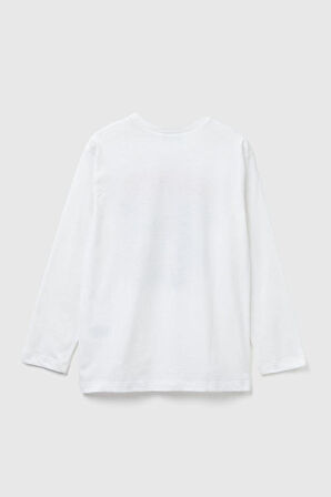 United Colors of Benetton Erkek Çocuk 3JERC10QO-25K  Uzun Kol Tshirt Beyaz