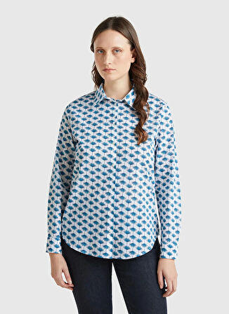 Benetton Regular Fit Gömlek Yaka Mavi Kadın Gömlek 5Q6SDQ0AY