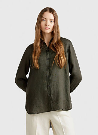 Benetton Normal Gömlek Yaka Haki Kadın Gömlek 5BMLDQ02U