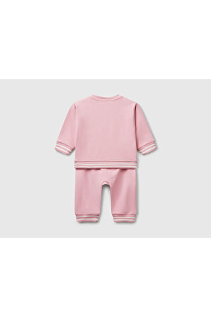 Bebek Pembe Baskılı Reglan Kol Üst ve Beli Büzgülü Eşofman Takım