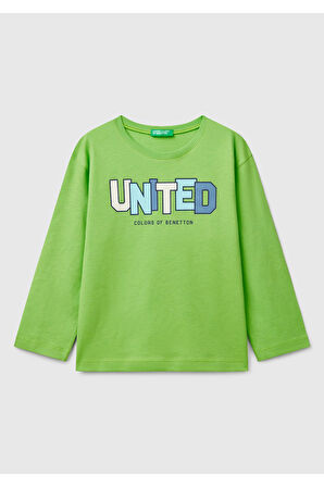 Erkek Çocuk Fıstık Yeşili Benetton Logo Baskılı Uzun Kollu T-Shirt