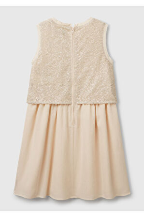 Benetton Kız Çocuk Ekru Bnt-G Pullu Elbise