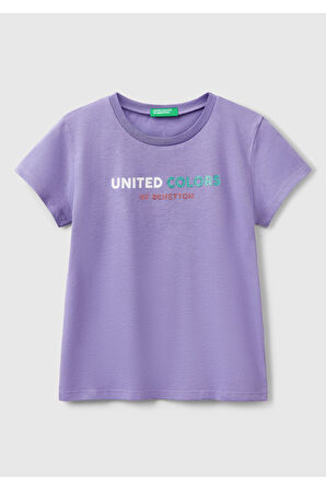 Kız Çocuk Mor Simli Logo Baskılı T-Shirt