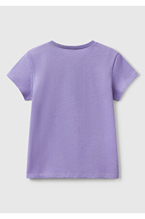 Kız Çocuk Mor Simli Logo Baskılı T-Shirt