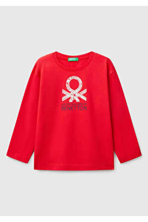 Erkek Çocuk Kırmızı Benetton Logo Baskılı Uzun Kollu T-Shirt