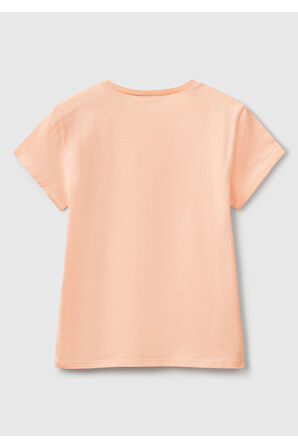 Kız Çocuk Yavruağzı Simli Logo Baskılı T-Shirt