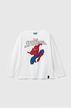  Erkek Çocuk Logolu Spiderman Baskılı Uzun Kollu T-Shirt - Beyaz | 8-9