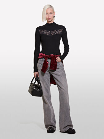 Yün Karışımlı Önü Dantel Detaylı Dar Kesim Kazak Kadın Siyah Kazak - 324A1M9AL201V