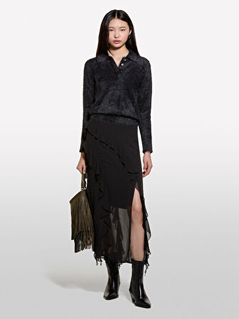 Önü ve Arkası Fırfır Detaylı Midi Şifon Etek Kadın Siyah Etek - 324A4T2VL002I