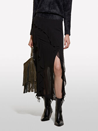 Önü ve Arkası Fırfır Detaylı Midi Şifon Etek Kadın Siyah Etek - 324A4T2VL002I