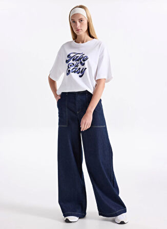 Benetton Bisiklet Yaka Beyaz - Mavi Kadın T-Shirt 3MI5D10AY