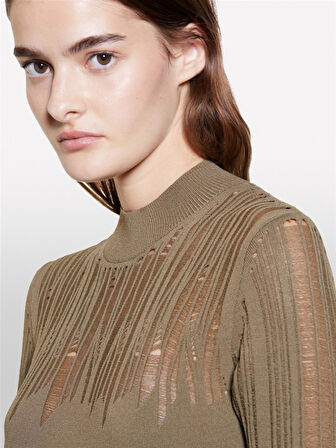 Viskoz Karışımlı Dar Kesim Uzun Kollu Düz Örgü Elbise Kadın Haki Elbise - 324A1MNPMV00S