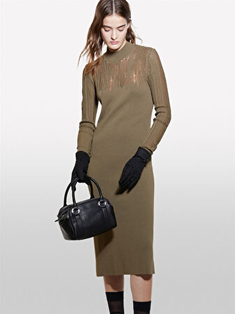 Viskoz Karışımlı Dar Kesim Uzun Kollu Düz Örgü Elbise Kadın Haki Elbise - 324A1MNPMV00S