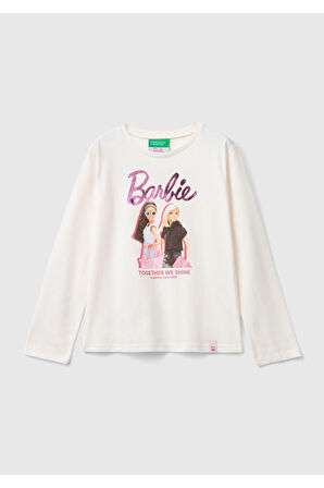 Kız Çocuk Ekru Önü Barbie Baskılı Bisiklet Yaka Uzun Kollu T-Shirt