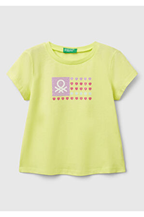 Kız Çocuk Sarı Simli Benetton Logo Baskılı T-Shirt