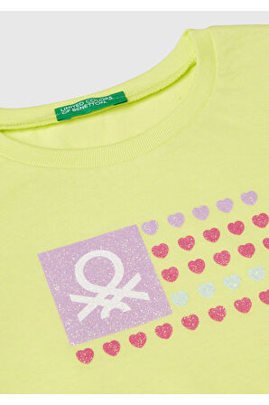 Kız Çocuk Sarı Simli Benetton Logo Baskılı T-Shirt