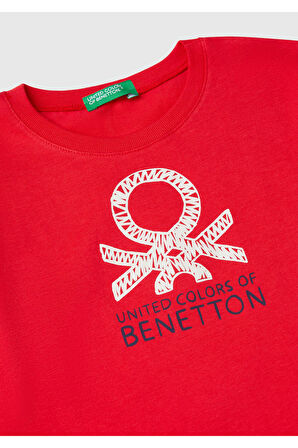 Erkek Çocuk Kırmızı Benetton Logo Baskılı Uzun Kollu T-Shirt