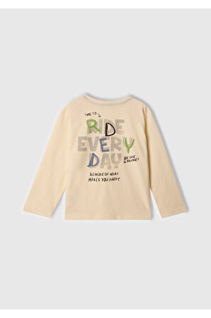 Erkek Çocuk Ekru Önü Baskılı Bisiklet Yaka Uzun Kollu T-Shirt