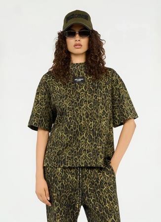 Just Cavalli Yeşil Kadın Bisiklet Yaka Leopar T-Shirt 79PAHE08