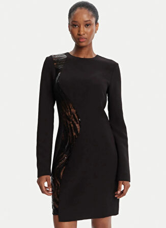 Just Cavalli Yuvarlak Yaka Düz Siyah Standart Kadın Elbise 79PAO918