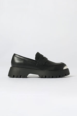 Kadın Nibel Mocassıno Metal Burunlu Kalın Tabanlı Loafer Ayakkabı - Siyah | 39