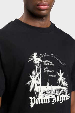 Palm Angels Logolu Pamuklu Regular Fit Bisiklet Yaka T Shirt Erkek T SHİRT PMAA109S26JER006 Siyah-Kırık Beyaz